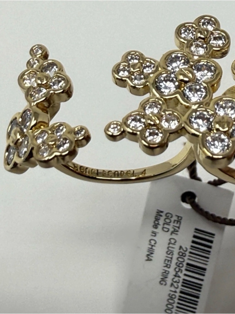 Henri Bendel double gold , petal cluster,crystals, size 4 - Picture 4 of 7